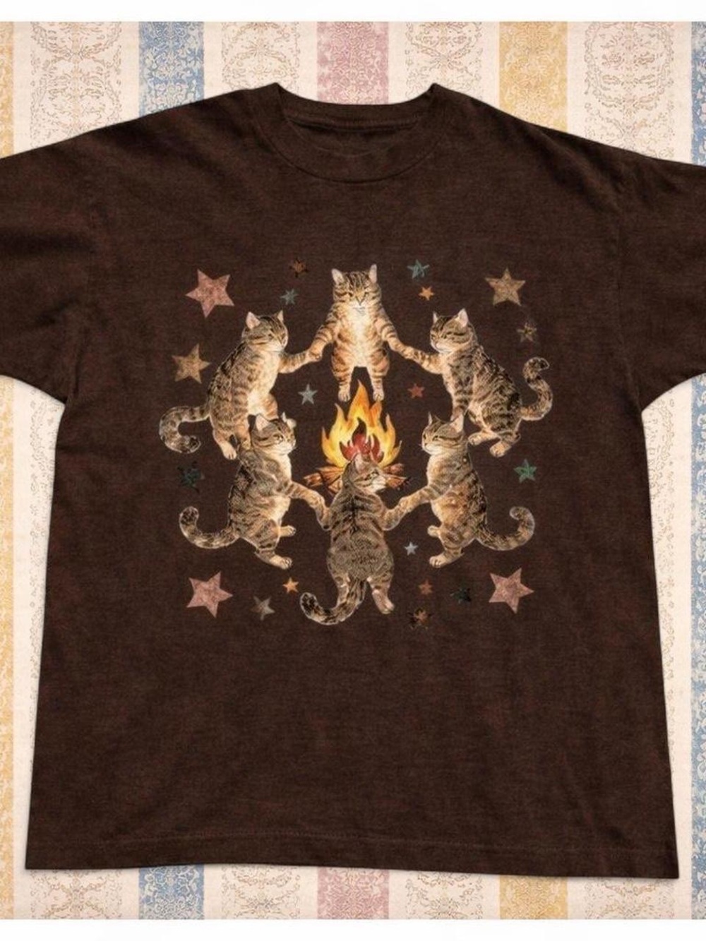 Gildan Brown Graphic Tee with Tabby Cats Around Campfire